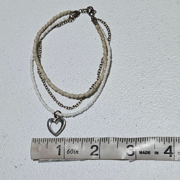 Handmade Beaded Heart Charm Multilayer Bracelet White Beads Twine Rope Love - Picture 4 of 4